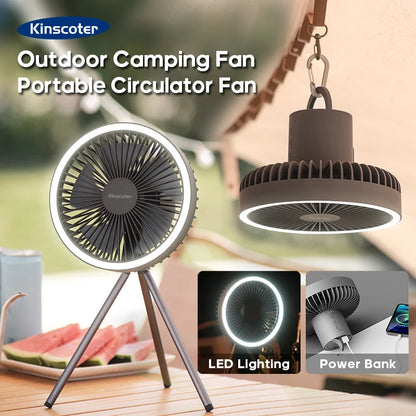 Camping fan with LED lighting and portable charger