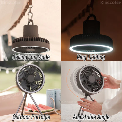 Camping fan with LED lighting and portable charger